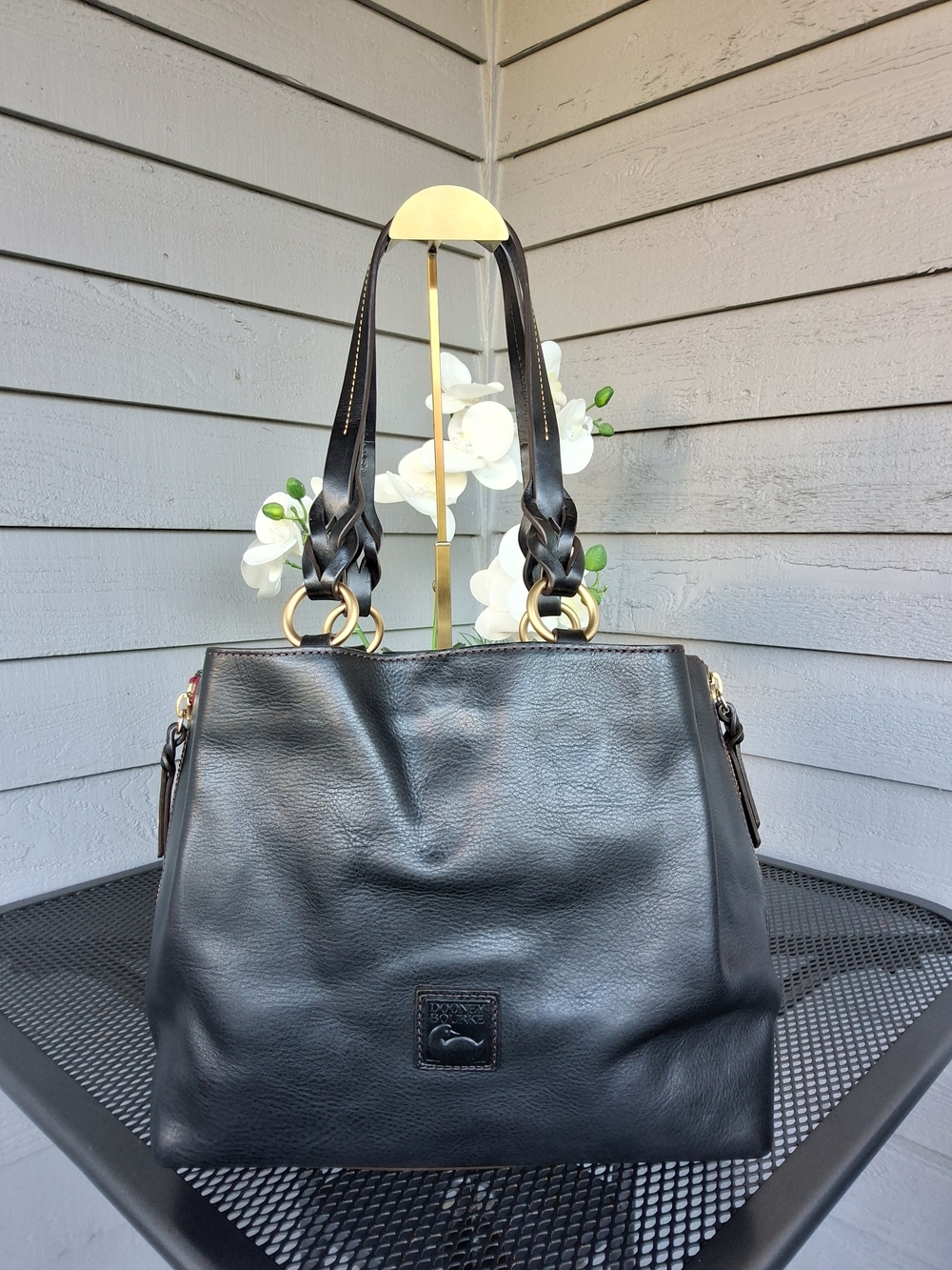 Dooney & Bourke Barlow Florentine Black Leather Shoulder Bag with Key Chain